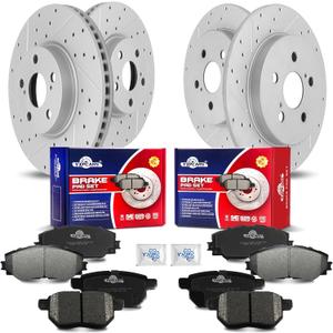 Front & Rear Drilled Slotted Rotors and Ceramic Disc Brake Pads Kit for Pontiac Vibe 2009-2010, for Toyota Corolla 2009 2010 2011 2012 2013 2014 2015 2016 2017 2018/ Matrix 2009-2014