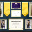 FramePro Graduation Shadow Box 24x29 Inch Display Case with Tempered Glass - Preserve Diploma(8.5x11), Tassel, Stole, Medal & 5x7 Photo | Premium Graduation Gift, Navy Gold Mats
