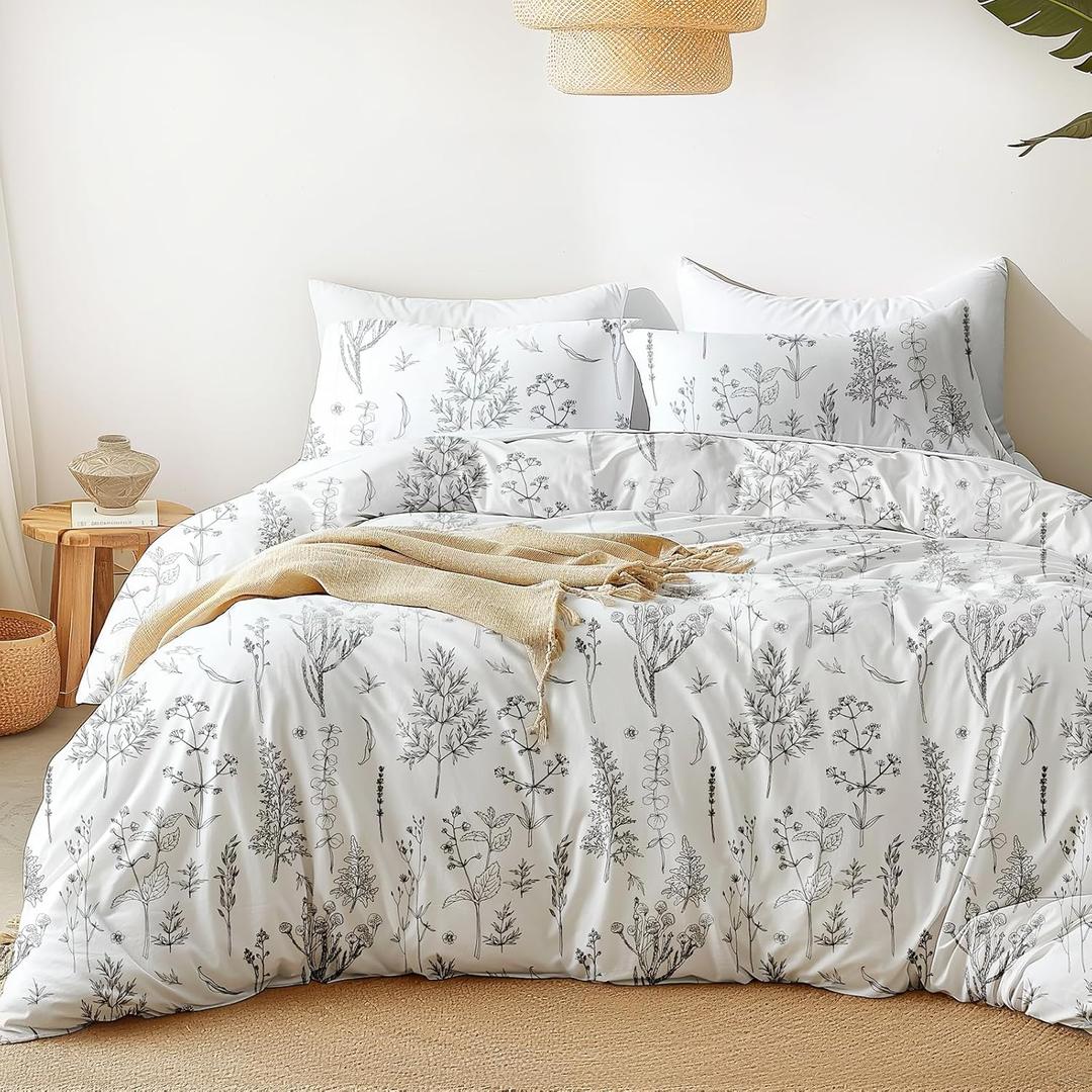 Love's cabin White Full Size Comforter Set - Comforter Set Full, 3 Pieces Cute Floral Bedding Sets for All Seasons,1 Soft Reversible Botanical Flowers Comforter and 2 Pillow Shams