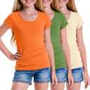 3 Pack Girls Short Sleeve Shirts | Back to School, Tween, Basic, Kids, Casual, Slim Fit, for 5-14 Years, Scoop Neck