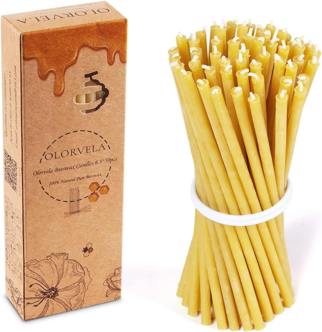 Pure Beeswax Candles, 6.3" Decorative Thin Taper Candles,Honey Scented, Dripless, Smokeless, 30min Burn Time for Birthday, Dinner, Prayer, Church, Hanukkah, Christmas (50 pcs)
