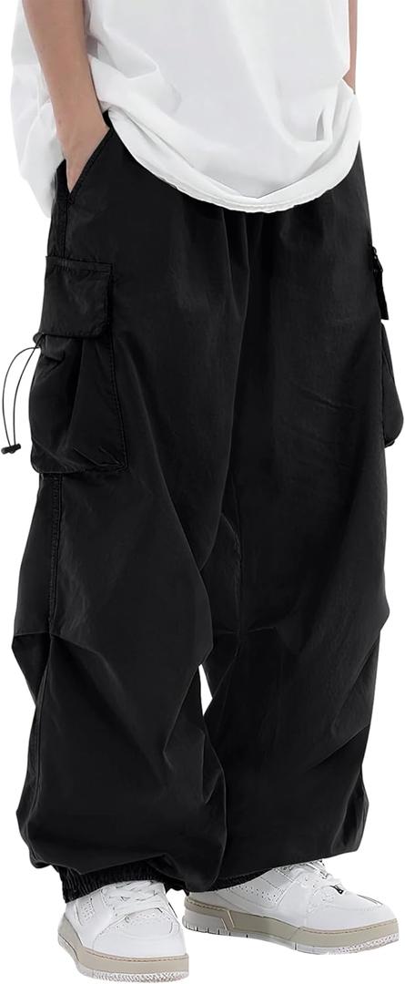 PLEPAN Men's Baggy Cargo Parachute Pants Casual Loose Fit Drawstring Streetwear Y2k Sweatpants for Men with Pockets, Black, L(US 36)