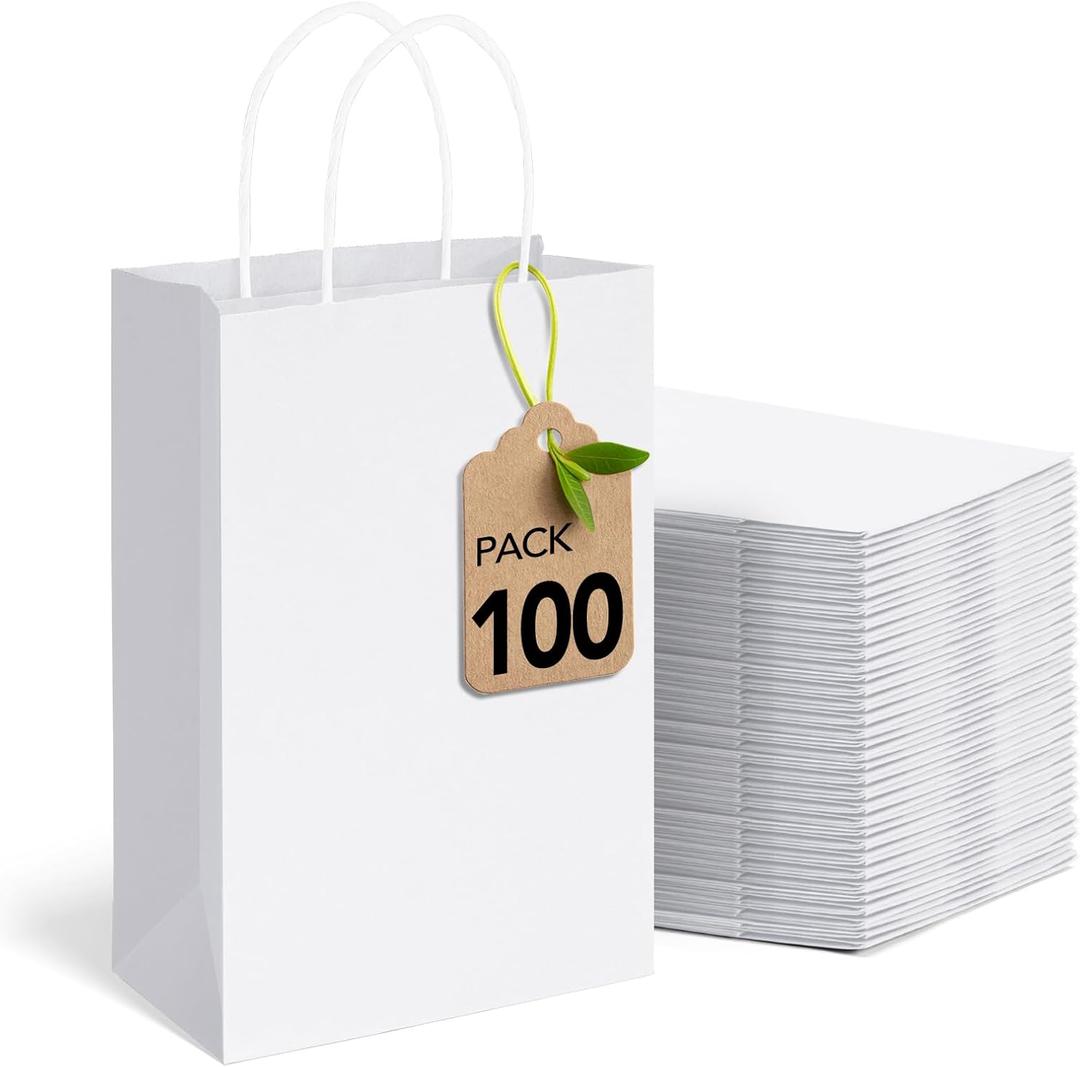 MESHA Paper Gift Bags 5.25x3.75x8 White Small Paper Bags with Handles Bulk,100 Pcs Kraft Paper Bag for Small Business,Birthday Wedding Party Favor Bag,Paper Shopping Bag