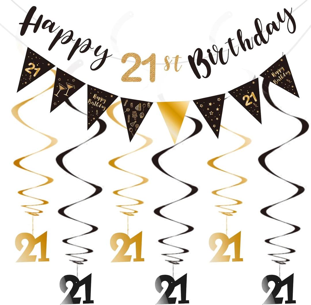 21st Birthday Decoration Kit - Happy 21st Banner Bunting Swirls Streamers, Triangle Flag Banner for Party Decorations - Black and Gold
