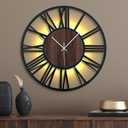 24 Inch Large Metal Wall Clock with Voice and Light Sensor Night Light, Glow in The Dark Non-Ticking Silent Battery Operated Decorative Oversized Wall Clock for Bedroom Living Room Decor (Dark Brown - Roman Numbers)