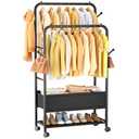 Furologee Clothing Racks for Hanging Clothes, Portable Rolling Garment Rack, Sturdy Metal Freestanding Clothes Rack with Wheels, Double Rods Wardrobe Racks for Bedroom Laundry Living Room
