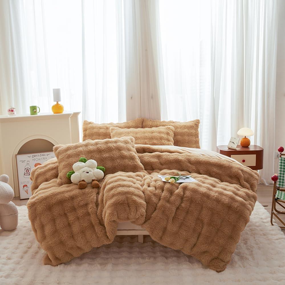 chovy Coffee Rabbit Plush Faux Fur Bread Grid Comforter Sets Twin/Full - 3PC Bed Set Ultra Warm Soft Skin Friendly Flannel Velvet Fluffy Fuzzy BeddingComforter x 1 Pillowcases x 2