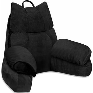 RRPAHWTV Reading Pillow for Bed with High Arm Rests,Back Support Pillow for Sitting Up in Bed with Shredded Memory Foam for Reading, TV, Gaming or Relaxing on FloorDark Black, Large