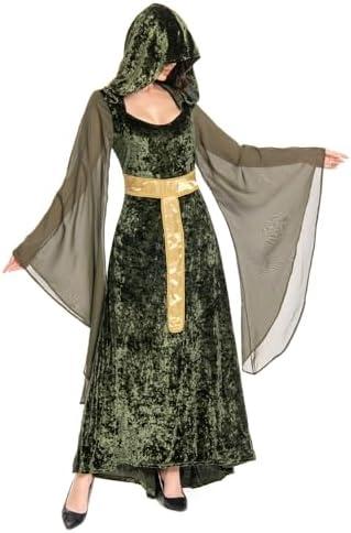 awlnany Womens Medieval Dress Hooded Costume Green Black Lace Up Renaissance Cloak Vintage Long Velvet Gown Dress Halloween,L