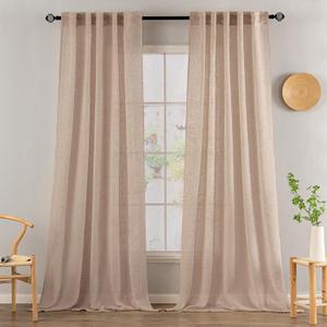 MIULEE Natural Beige Linen Curtains 96 Inches Long 2 Panels for Bedroom Living Room, Soft Linen Textured Window Drapes Semi Sheer Light Filtering Back Tab Rod Pocket Farmhouse Burlap Look Decor