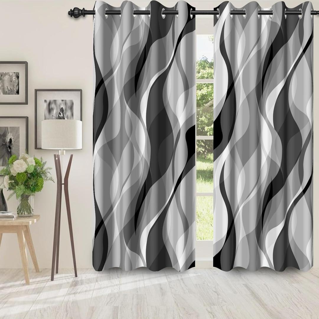 Grey Black Modern Blackout Curtains for Bedroom Living Room,2 Panels Sets Window Curtain, Striped Gray Stylish Simplicity Abstract Thermal Insulated Printed Curtains with Grommet,42" Wx84 L