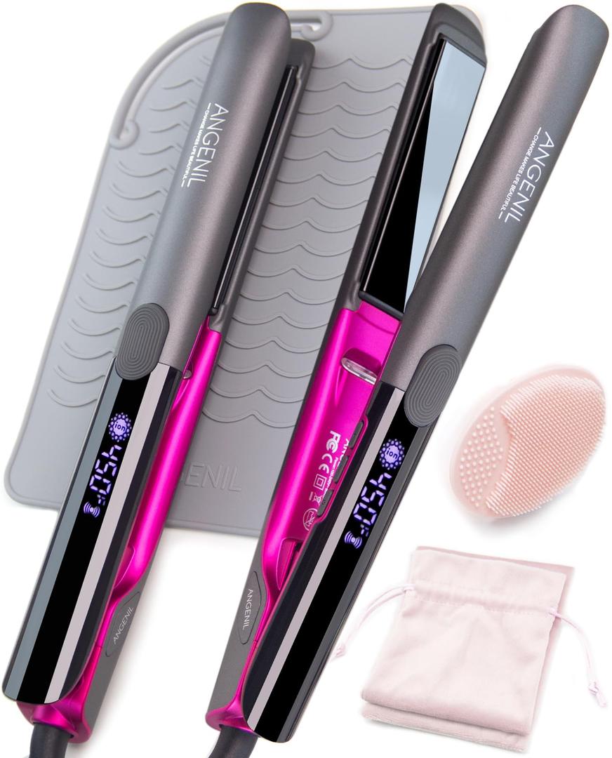 ANGENIL Professional Titanium Flat Iron Hair Straightener and Curler 2 in 1, Dual Voltage Hair Straighteners for Women, 20S Fast Heating Flat Iron 1-inch with Anti-scalding and Anti-Slip Silicone Mat