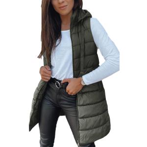 Veatzaer Women Long Vest Solid Color Sleeveless Hood Winter Puffer Vest Outwear (Green, L)