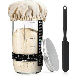 Sourdough Bread Baking Supplies,24 oz Sourdough Starter Jar Glass, Sourdough Starter Kit with Date Marked Feeding Band, Thermometer, Silicone Scraper, Sewn Cloth Cover & Aluminum Lid, Sourdough Jar