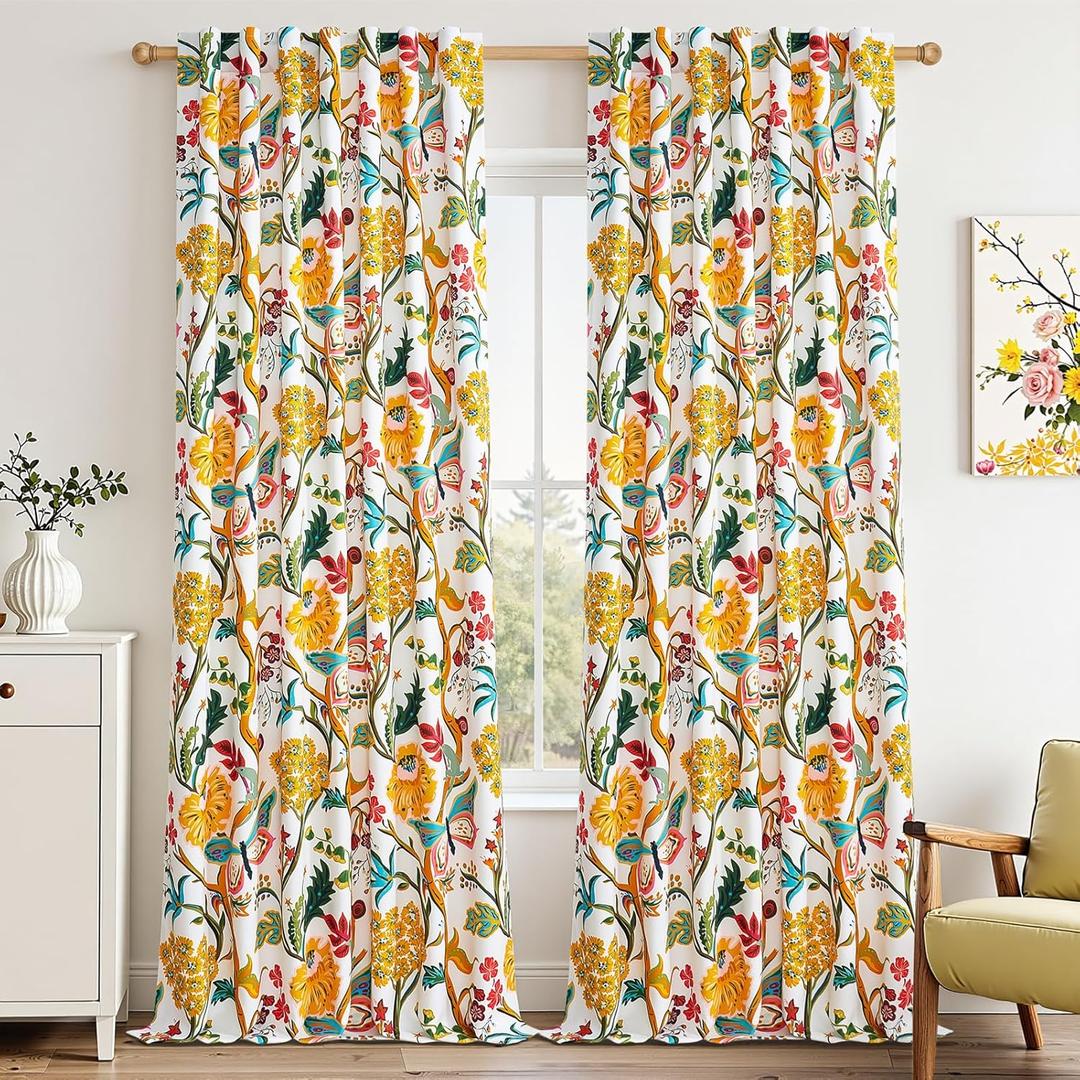 Topfinel 96 inch Rustic Floral Curtains for Bedroom Living Room Butterfly Marigold Room Darkening Thermal Insulated Drapes with Hooks Floor to Ceiling Curtains， Mustard Yellow on Beige, 2 Panels