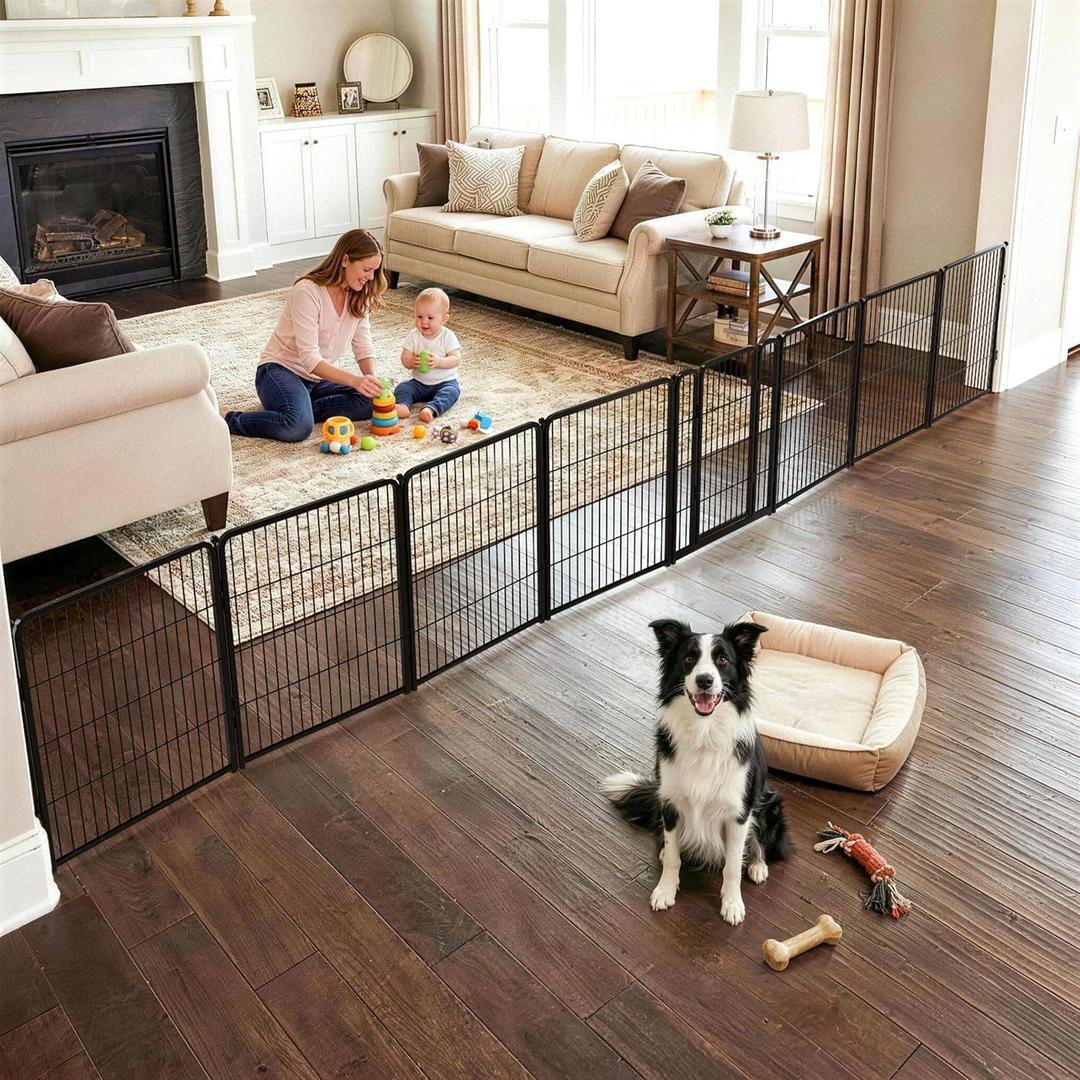 FXW Dog Gate Extra Wide Designed for Indoor Use, Adjustable Width Up to 219-inch Wide (32" H 8 Wire Panels for Small and Medium Dogs), Black