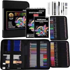 FPGFIIVO 101 Pcs Sketch Art Set, Art Supplies with 3-Color Sketchbook and Tutorial, Colored, Watercolor, Metallic, Graphite, Charcoal Pencils, Drawing Set Gifts for Artists Adults Kids Teens Beginner