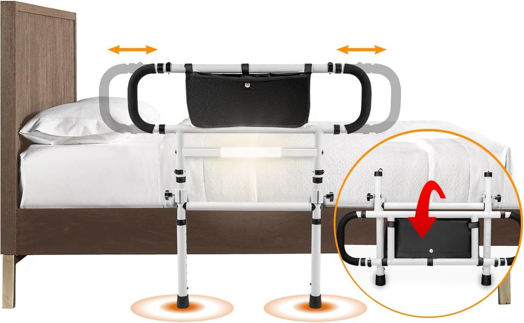 Bed Rails for Elderly Adults with Adjustable Heights & Extendable Dual Side Handles, Foldable Bed Assist Bar for Fall Prevention, Heavy Duty Bed Rail Fits King, Queen, Full, Twin Bed