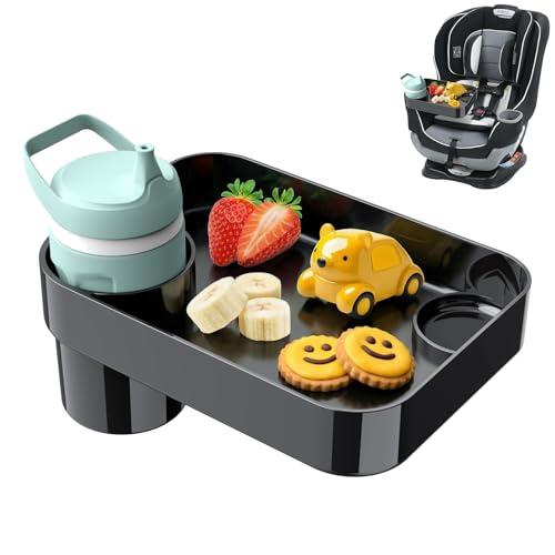 DOKNAAM Car Seat Snack Tray for Toddlers - 3 Inch Cup Holder Fits Most Sippy Cups & Straw Bottles with Dip Well, Mess-Free Square Kids Travel Tray Road Trip Essentials, Black