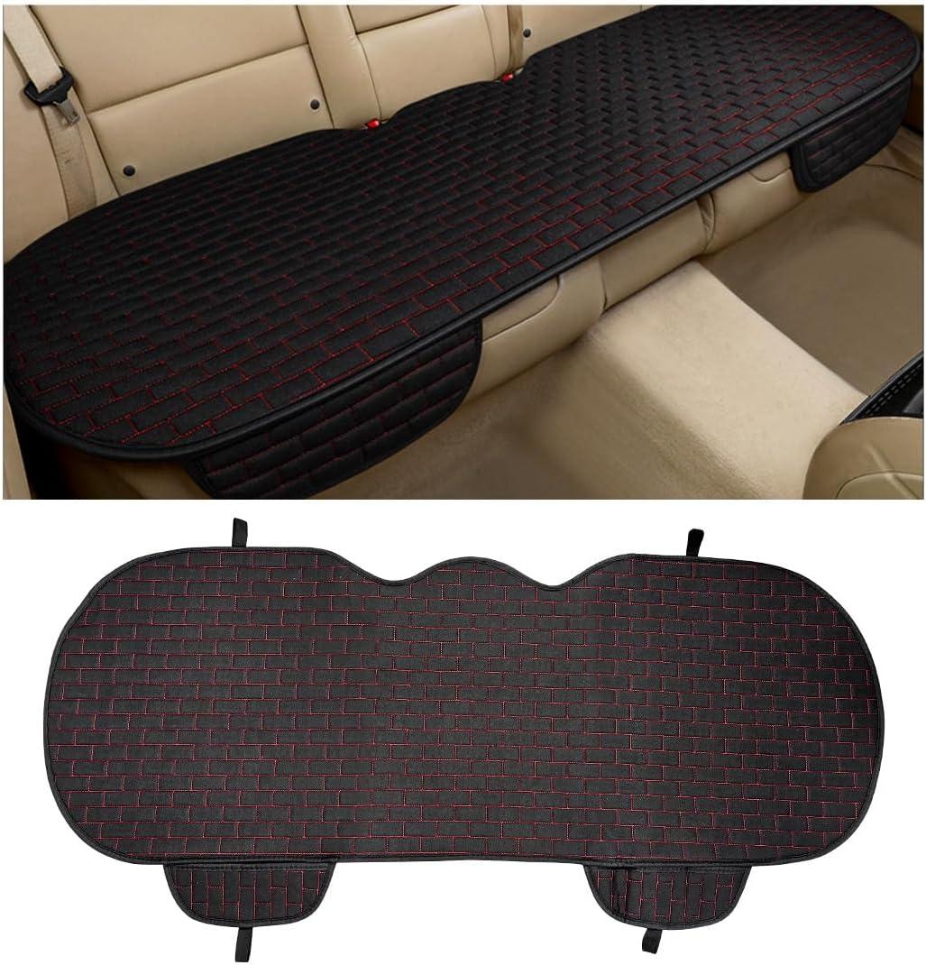 Linen Back Car Seat Cover, Anti-Slip Long Bottom Rear Seat Cover Protector with Storage Pockets, Breathable Linen Rear Bench Seat Protector Cushion Pad for Most Vehicles (Black & Red)
