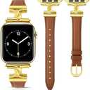 MOINSPIRE Slim Leather Bands Women Compatible with Apple Watch 38mm 40mm 41mm 42mm 44mm 45mm 46mm 49mm Designer Dressy Fashion Strap Double C-Shape Metal Crown for iWatch Series 10 9 8 7 6 5 4 3 2 1