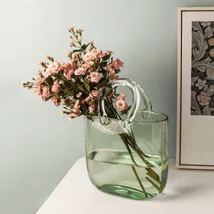 Glass Vase with Elegant Purse Design, Hand Purse vase with Fish Bowl, Unique Flower Vase with Handle and Bubbles - for Home Decor/Office/Garden/Wedding Decor/Enterpiece/Events(Light Green)
