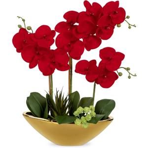 Briful Orchid Artificial Flowers 17in Red Fake Orchid Silk Flowers in Gold Ceramic Vase Faux Phalaenopsis Arrangement for Home Office Room Dining Table Centerpiece Modern Decor