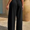 Fisoew Womens Wide Leg Casual Pants Summer Drawstring Elastic Waist Loose Cotton Pants with Pockets (Black, S)