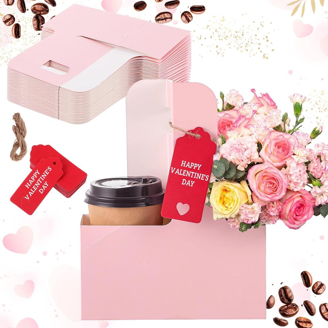 20 Pack 2 Cup Drink Carrier with Handle Kraft Paperboard Cup Holder Portable for Valentine Mother's Day Teachers' Day for Hot Cold Drinks Coffee Caddy with Heart Card Rope (Pink)