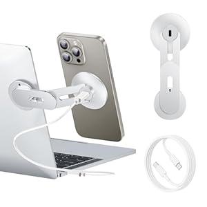 MAGDIGITEH Laptop Phone Holder, Magnetic Phone Stand 15W Fast Wireless Charger for MagSafe for iPhone 17/ 16/ 15/ 14/ 13/ 12 & All Phones for Tesla (Silver)