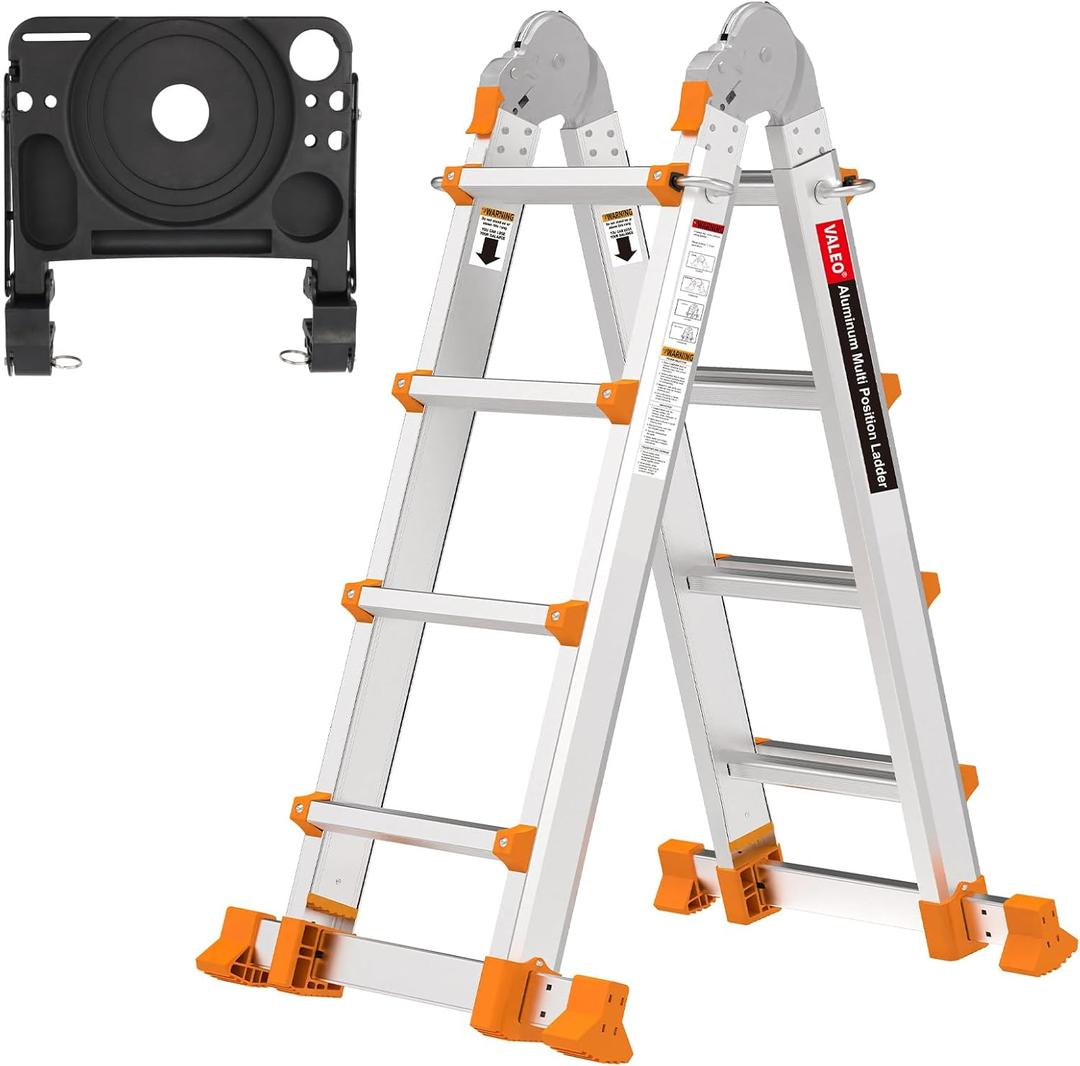 Valeo Ladder 14FT, Multi Position 4 Step Ladder Extension, Anti-Slip A Frame Folding Ladder with Removable Tool Tray, 330lbs Adjustable Telescopic Aluminum Ladders for Stairs Home Indoor Outdoor Roof (Silver)
