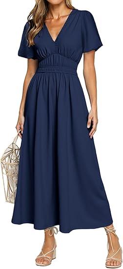 Simplee Women's Summer Boho Maxi Dress Casual V Neck Puff Sleeve Wedding Guest Dress Flowy Linen Beach Dresses, Size XL