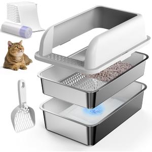 23.6''x16''x12'' Enclosed Stainless Steel Litter Box with Lid, XL Sifting Litter Box for Pine Pellets, High Sides Metal Litter Box System for Big Cats, Anti-Leakage, Easy Cleaning, Less Tracking, Large