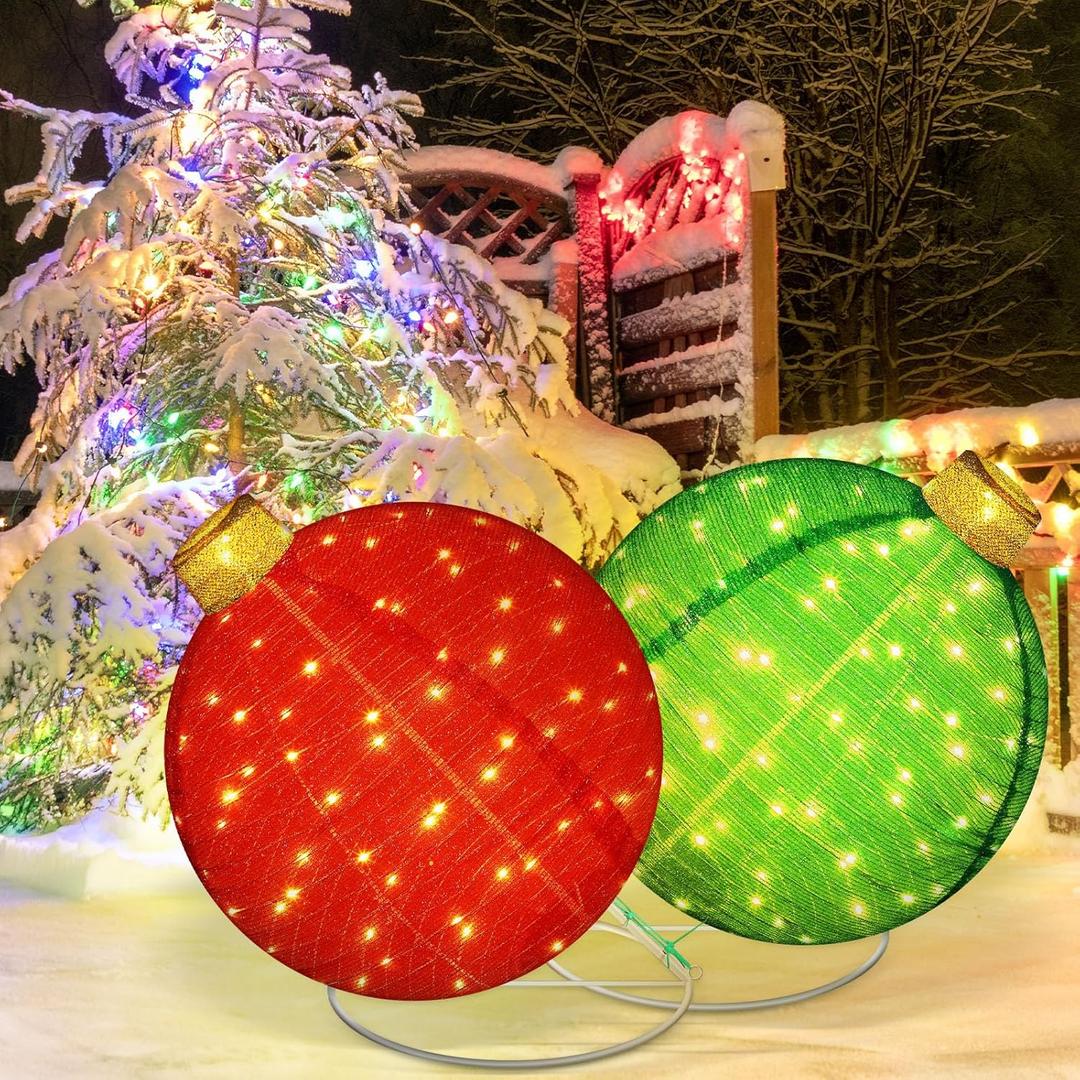 2 Pcs Lighted Pop up Outdoor Christmas Ornaments 24 Inch Large 3D Pre Lit Christmas Balls Red Green Light up Collapsible Balls with 100 LED Lights for Xmas Holiday Yard Lawn Garden