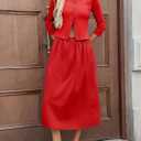 Tankaneo Womens 2 Piece Skirt Sets 3/4 Sleeve Knit Cardigan Elastic Waist Midi Skirt Outfits Casual Matching Dress Set (Red, M)