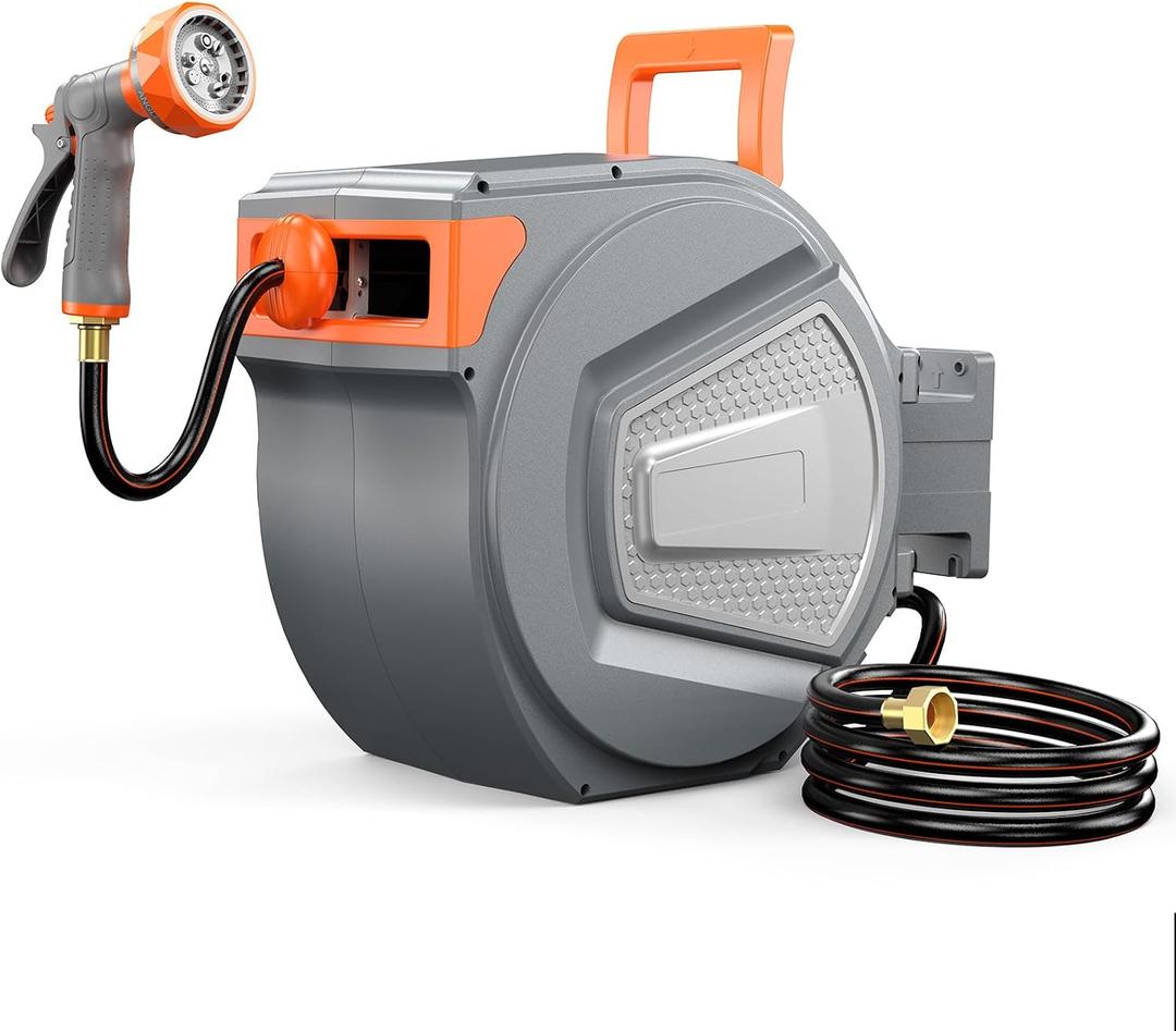 NEWBULIG Garden Hose Reel, 1/2" x 65 ft Retractable Heavy Duty Water Hose | Automatic Wall Mounted, 9 Pattern Hose Nozzle, Slow Slow Retract System, Any Length Lock, 180° Swivel for Yard Cleaning, Grey
