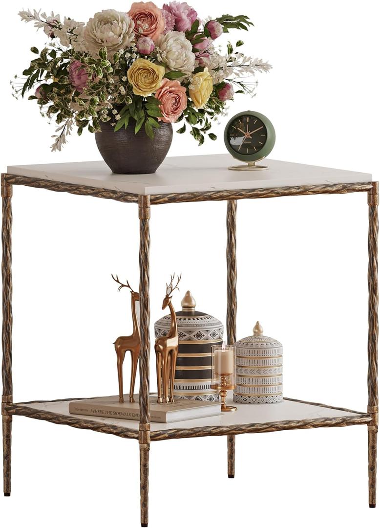 Antique Square End Table with Faux Marble Top, 20" Gold Side Table with 2-Tier Open Storage Shelves, Modern Square Accent Table with Antique Brass Finish for Living Room, Bedroom