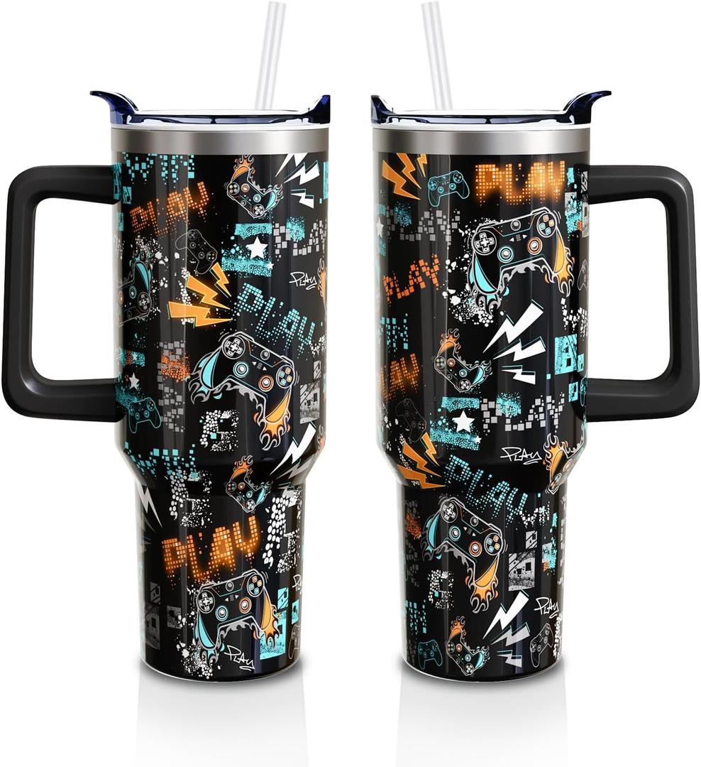 Gamer Lover Gift 40oz Tumbler with Handle and Lid Straw, Stainless Steel Double Walled Vacuum Insulated Cup, Gaming Gifts for Men Boys, Gamepad Water Bottle for Teen Boy 1PC
