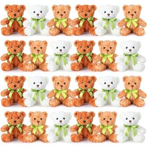 Hungdao 24 Pcs Bear Bulk Plush Stuffed Animals 10 Inch Cute Soft Stuffed Bear with Green Bow for Valentine's Day Wedding Baby Shower Birthday Party Gift Christmas(Dark Brown, Light Brown, White)