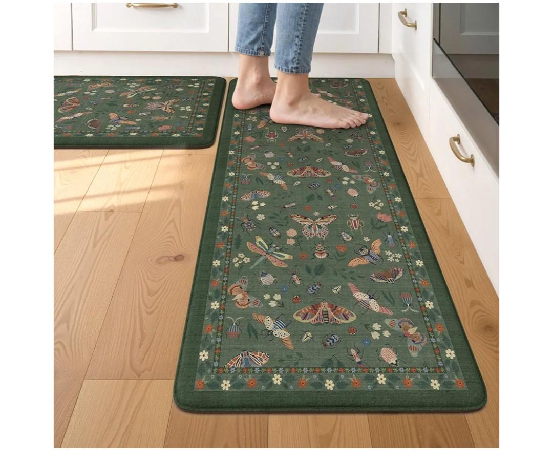 LEEVAN Anti Fatigue Mats for Kitchen Floor Non-Slip, Cushioned Kitchen Mats for Floor 2 Piece, Green Memory Foam Kitchen Mat Set, Waterproof Ergonomic Standing Mat for Bar, Office,Desk, Laundry