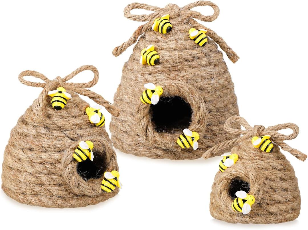 Jutom 3 Pcs Bee Hive Decor Honey Bee Tiered Tray Decor Summer Spring Honeybee Decorations Mini Jute Farmhouse Beehive for Kitchen Table Shelf Home Coffee Bar Themed Party(Vintage Color)