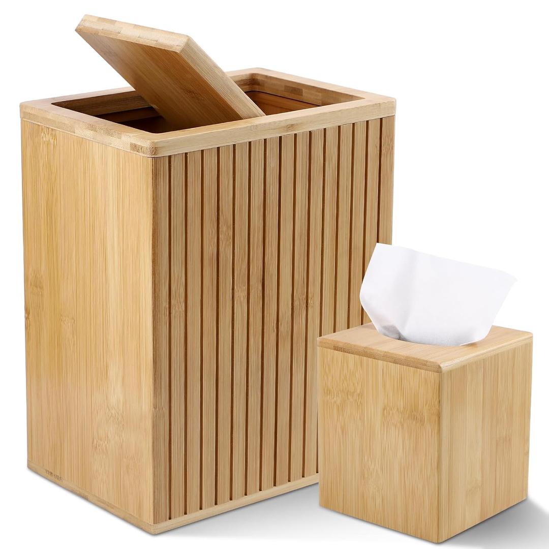 BSSN Bamboo Waste Basket and Tissue Holder,3 Gal Decorative Bathroom Recycling Trash Can, Farmhouse Rustic Trash Bin Tissue Box Cover Square Cube, for Bathroom, Bedroom, Dinner Table, Office, Kitchen