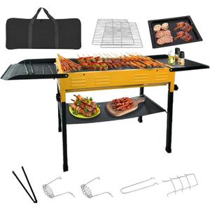 Portable Charcoal Grill, Folding Camping Grills for Hibachi Skewers Stainless Steel, Portable BBQ Grill for Outdoor Cooking Backyard Camping Picnics Beach (47.2*12.2*24.4 In, Yellow & Black)