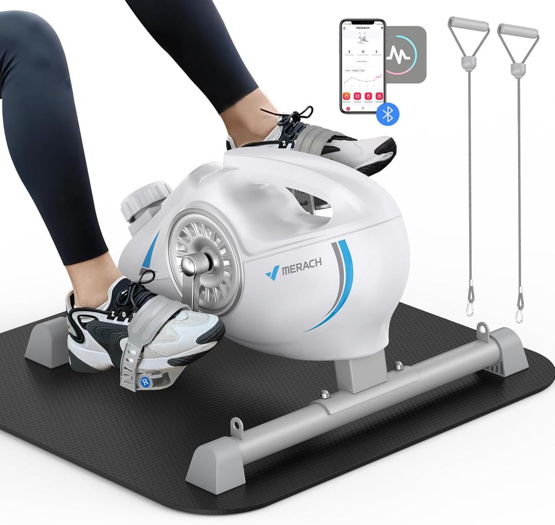 Under Desk Bike Pedal Exerciser, Quiet Magnetic Mini Exercise Bike with MERACH App for Arm, Leg Recovery, Physical Therapy, Smooth Foot Desk Cycle (White & Blue)