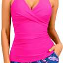 Women Tankini Swimsuits with Shorts - Two Piece Tummy Control Bathing Suits Top with Two Pockets Bottom Swimwear (Large, Pink Paisley)
