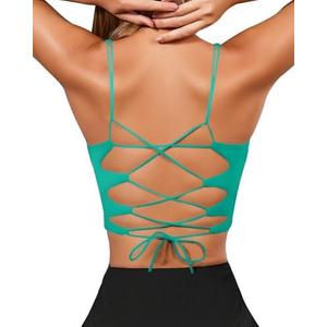 XUNYU Strappy Sports Bras for Women High Support Longline Workout Tops Built in Bra Cross Yoga Crop Tank Top Padded Size Medium