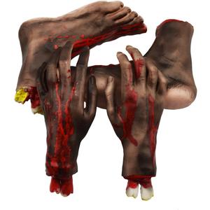XONOR Halloween Severed Hands Feet Set Scary Bloody Broken Body Parts Halloween Props Decorations, 4 Pieces(Feet & Hands) (Black)