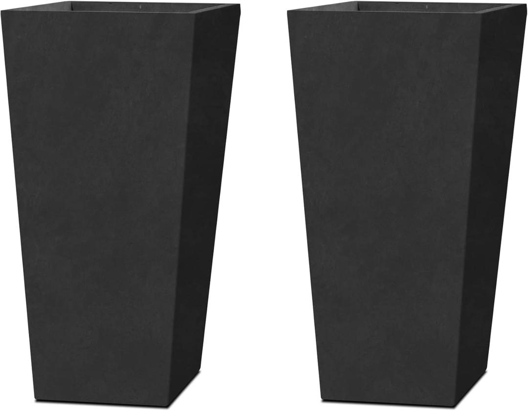 Kante 24.4 Inch Tall Tapered Concrete Planter (Set of 2), Modern Style Large Plant Pot with Drainage Hole and Rubber Plug for Patio, Backyard, Porch, Suitable for Indoor Outdoor Plants, Black (24" Tall x 2)
