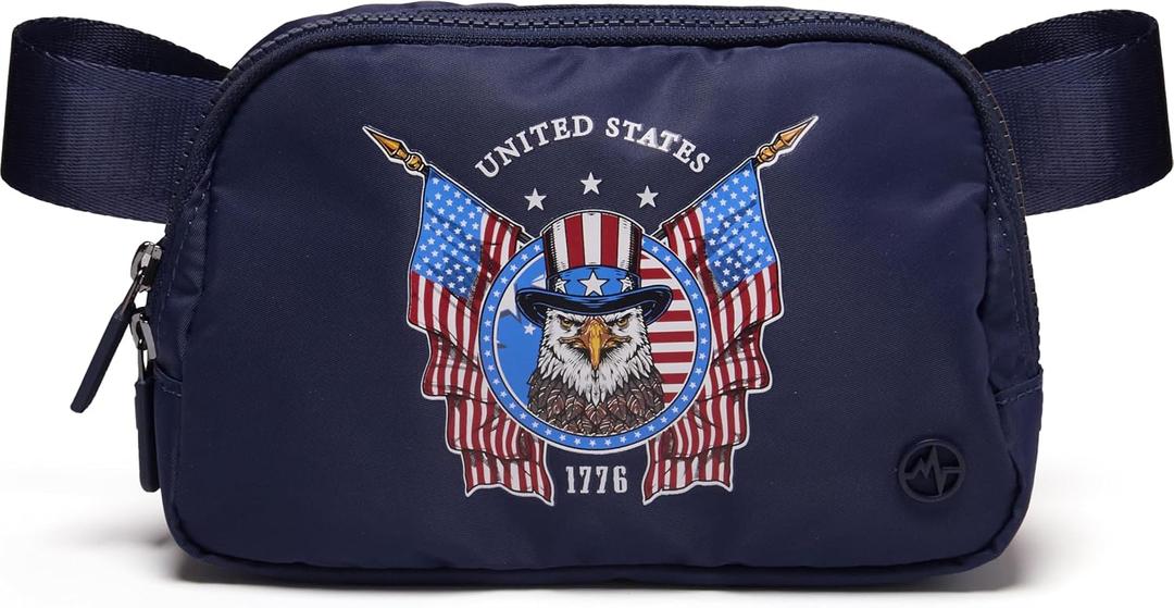 Pander 1L Printed Belt Bag for Women, Nylon Crossbody with Adjustable Strap, 2-Way Zipper, 3 Inner Mesh Pockets, Red Blue White Graphic Style, Navy Flag, Small