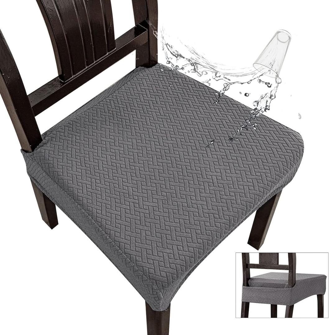 Genina Waterproof Seat Covers for Dining Room Chair Covers Set of 8, Stretch Jacquard Kitchen Parson Chair Slipcover Protector (8 PCS-Rear-Covered, Grey)